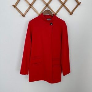 Karl Lagerfeld Paris Red Wool Longline Coat Cardigan with Black Broach Closure